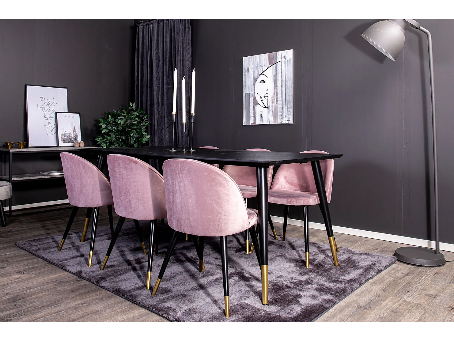 Dipp180x90BLBR Essgruppe Esstisch schwarz und 6 Velvet Esszimmerstühle Velour pink, schwarz, Messing dekor.