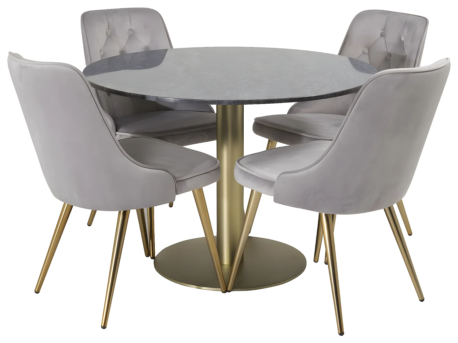 EstelleØ106BLBR eethoek eetkamertafel zwart, marmer en 4 Velvet Deluxe eetkamerstal velours lichtgrijs, messing decor.