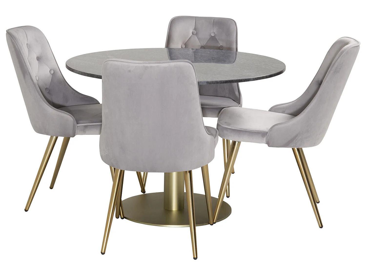 EstelleØ106BLBR eethoek eetkamertafel zwart, marmer en 4 Velvet Deluxe eetkamerstal velours lichtgrijs, messing decor.