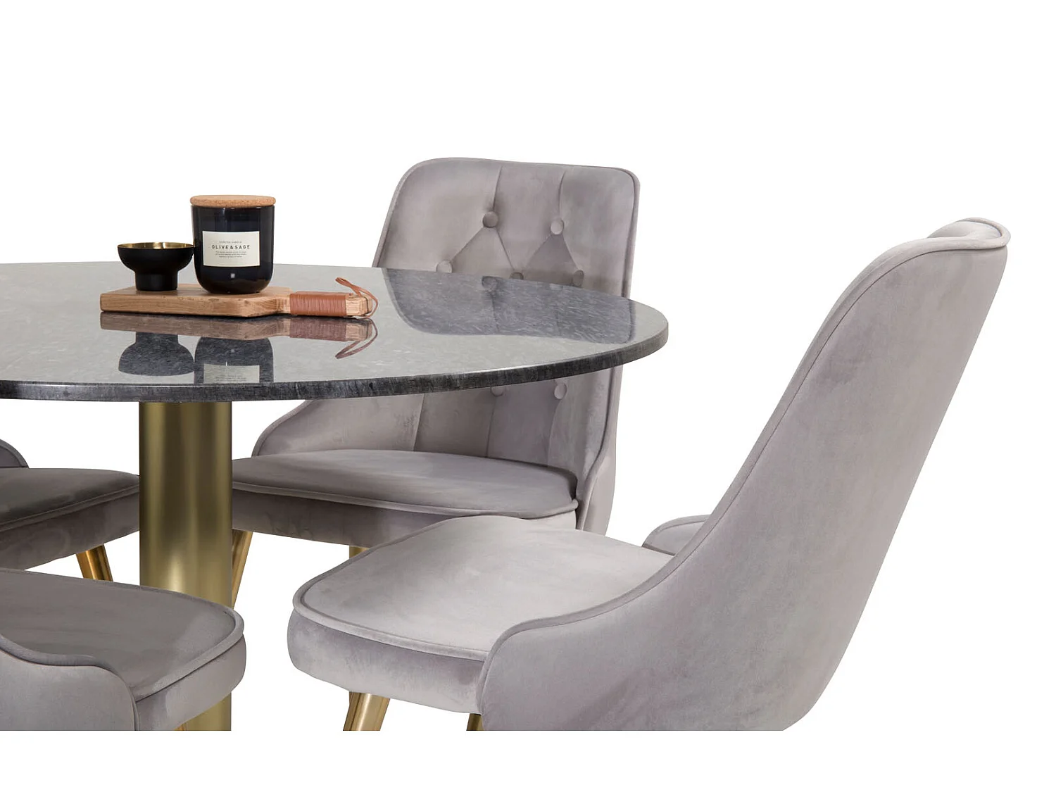 EstelleØ106BLBR eethoek eetkamertafel zwart, marmer en 4 Velvet Deluxe eetkamerstal velours lichtgrijs, messing decor.