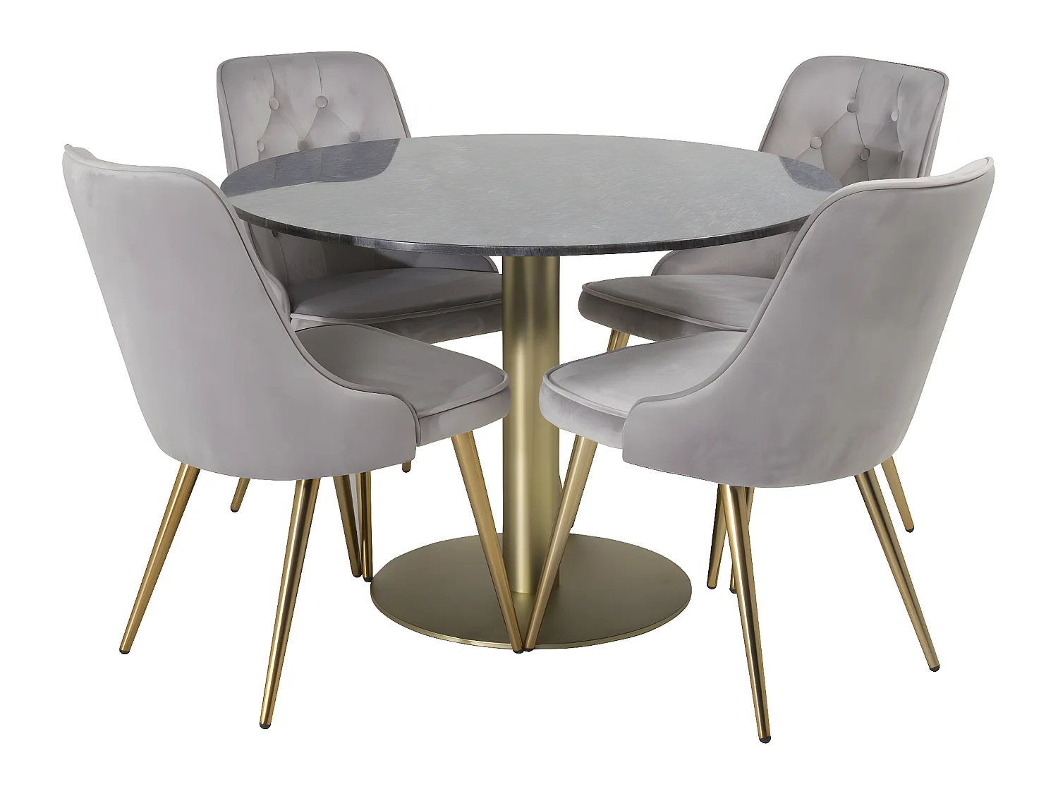 EstelleØ106BLBR ensemble table, table noir, marbre et 4 Velvet Deluxe chaises Velours grisclair, laiton décor.