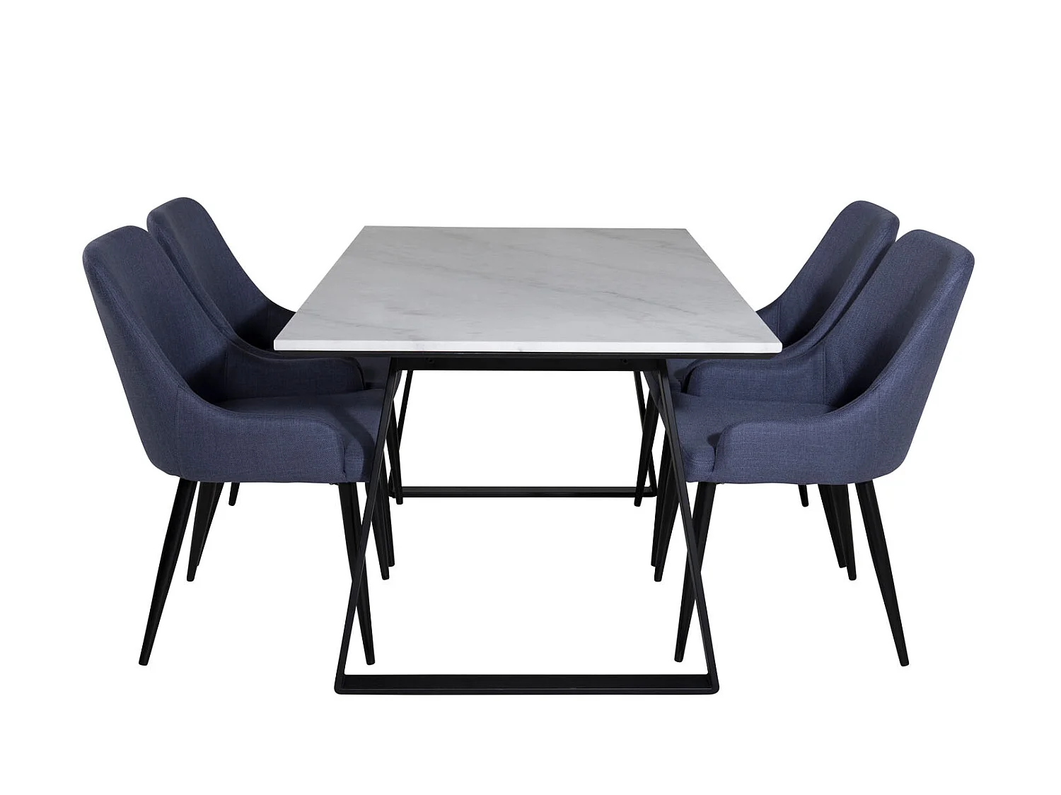 Estelle ensemble table, table marbre blanc et 4 Plaza chaises bleu, noir.