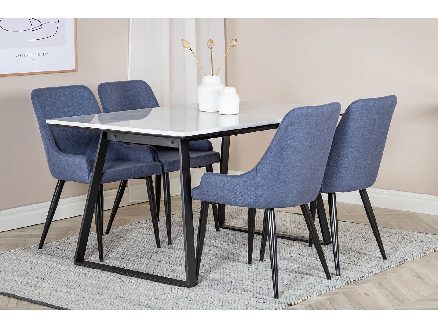 Estelle ensemble table, table marbre blanc et 4 Plaza chaises bleu, noir.