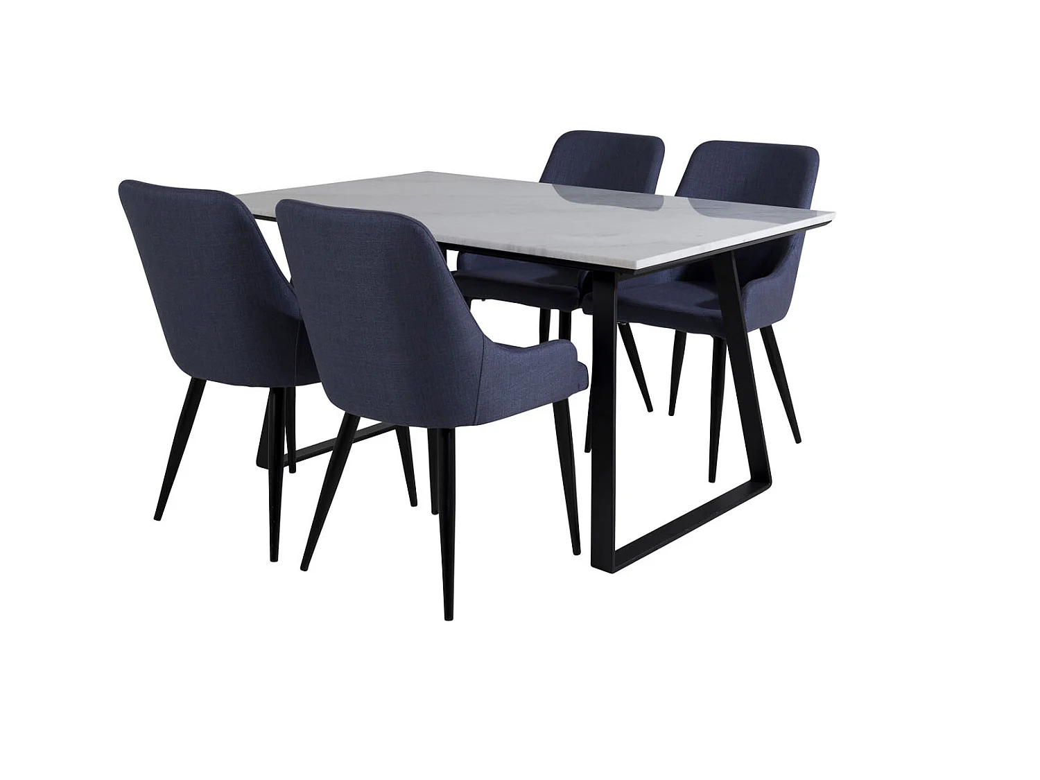 Estelle ensemble table, table marbre blanc et 4 Plaza chaises bleu, noir.