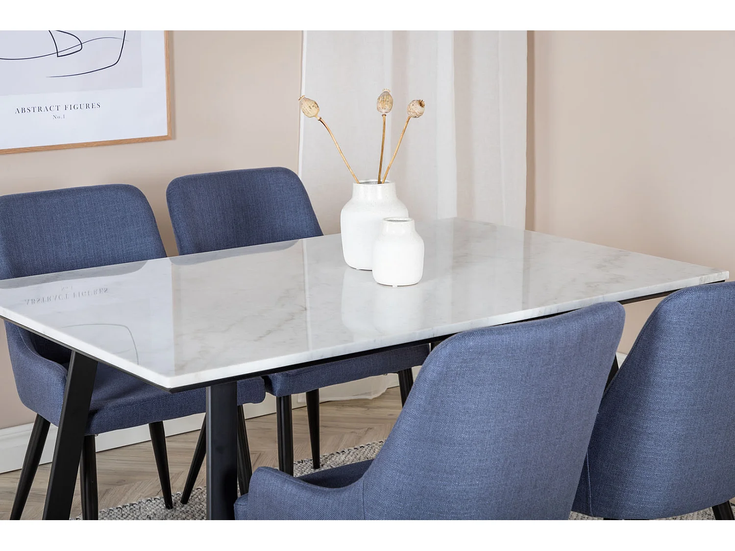 Estelle ensemble table, table marbre blanc et 4 Plaza chaises bleu, noir.