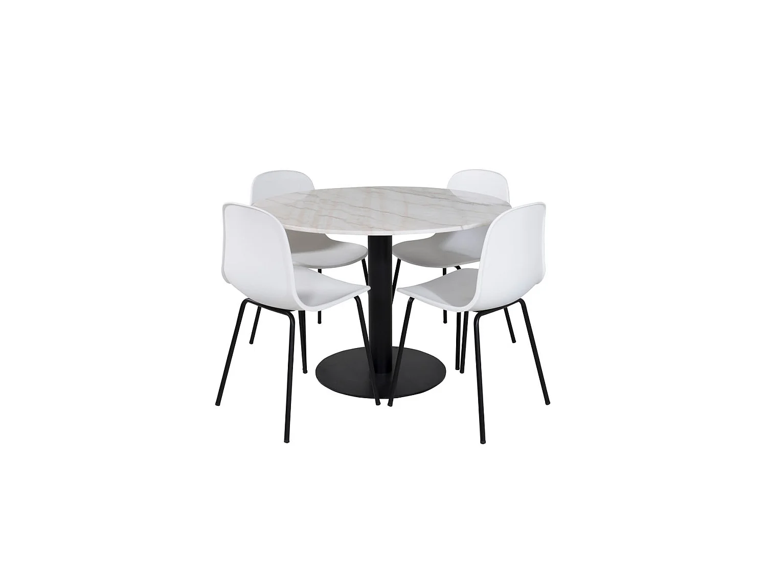 EstelleØ106WHBL eethoek eetkamertafel wit, marmer en 4 Arctic eetkamerstal wit, zwart.