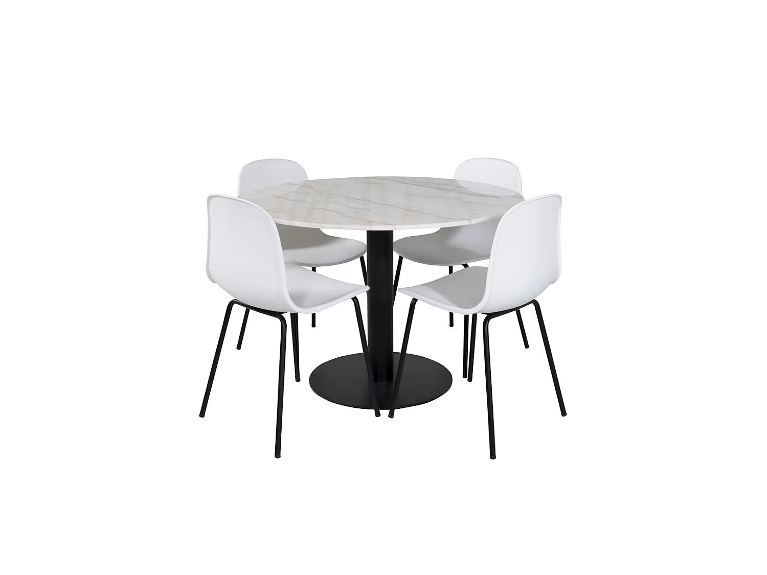EstelleØ106WHBL eethoek eetkamertafel wit, marmer en 4 Arctic eetkamerstal wit, zwart.