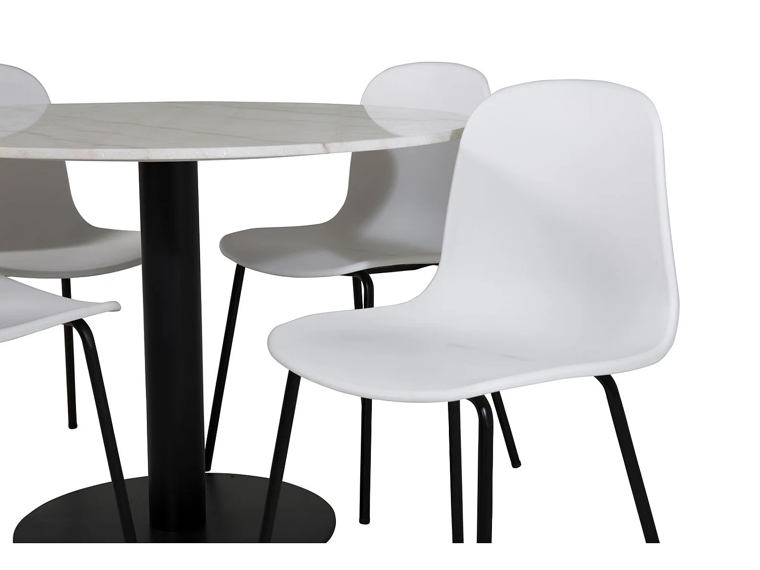 EstelleØ106WHBL eethoek eetkamertafel wit, marmer en 4 Arctic eetkamerstal wit, zwart.