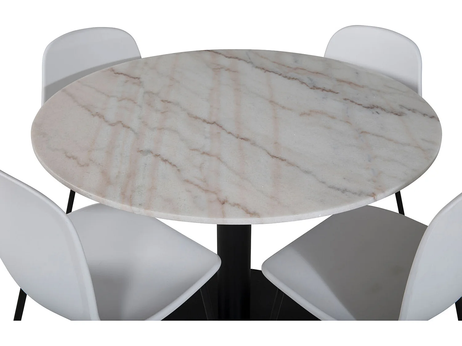EstelleØ106WHBL eethoek eetkamertafel wit, marmer en 4 Arctic eetkamerstal wit, zwart.