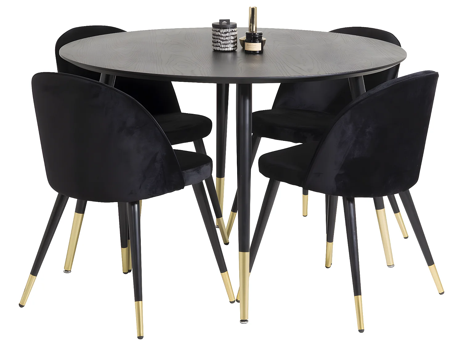 DippØ115BLBR Essgruppe Esstisch schwarz und 4 Velvet Esszimmerstühle Velour schwarz, Messing dekor.