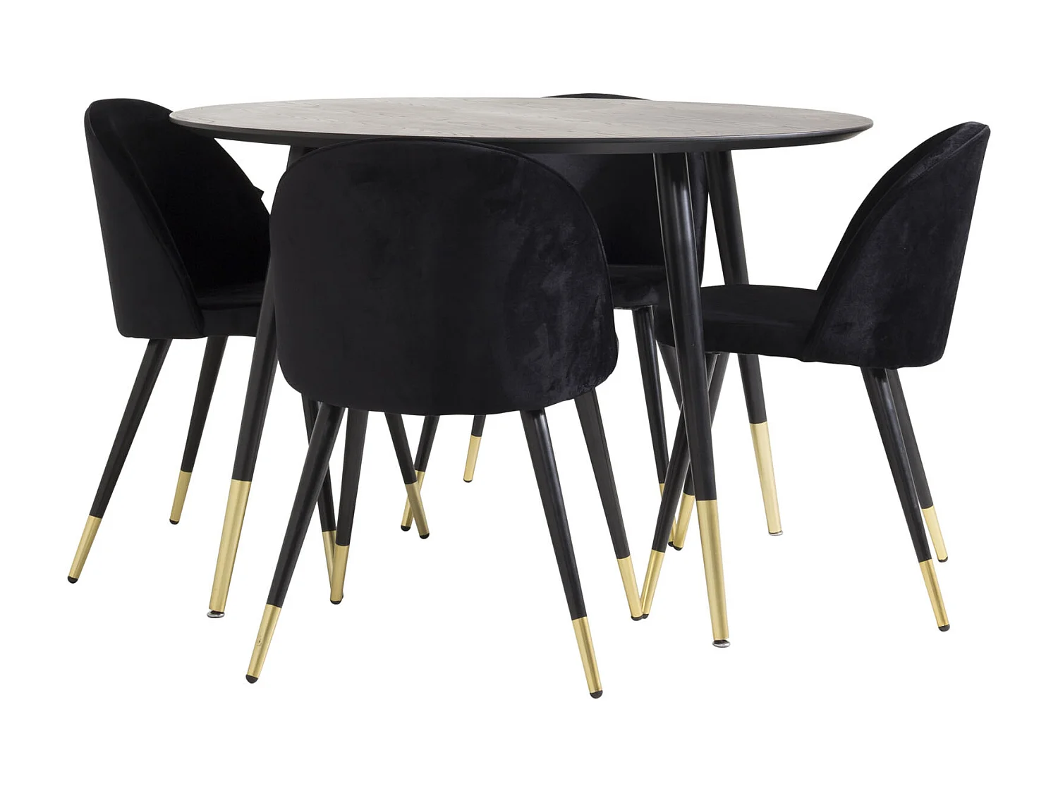 DippØ115BLBR ensemble table, table noir et 4 Velvet chaises Velours noir, laiton décor.