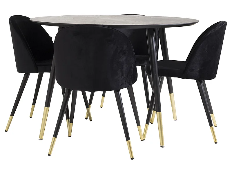 DippØ115BLBR ensemble table, table noir et 4 Velvet chaises Velours noir, laiton décor.