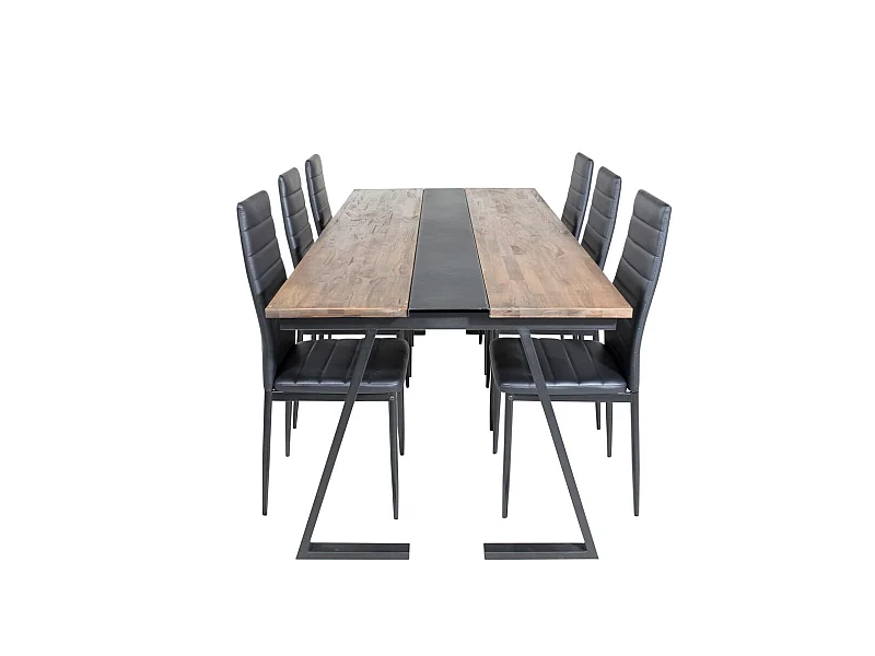 Jakarta ensemble table, table teck et 6 Slim High Back chaises Similicuir PU noir.