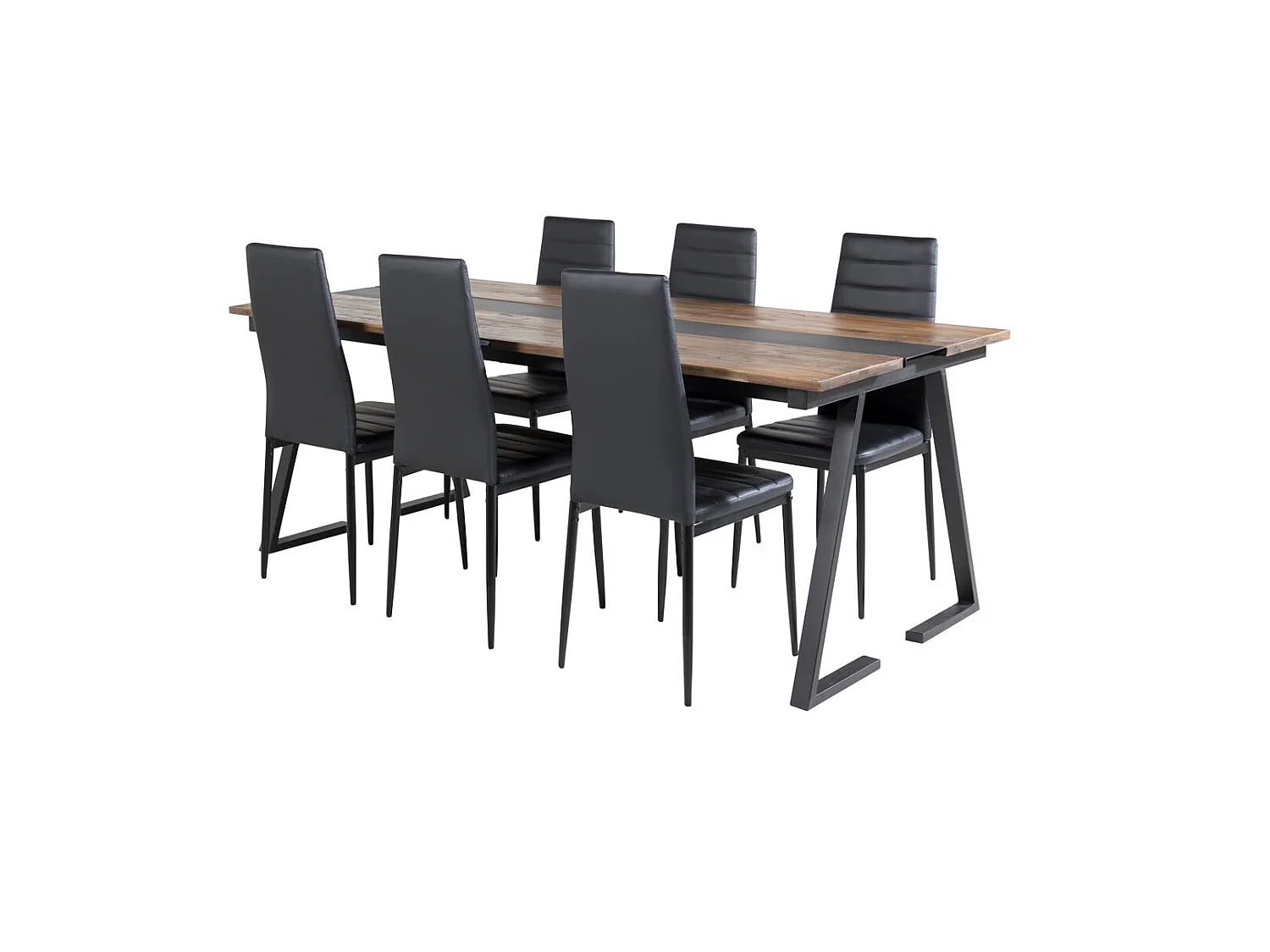 Jakarta ensemble table, table teck et 6 Slim High Back chaises Similicuir PU noir.