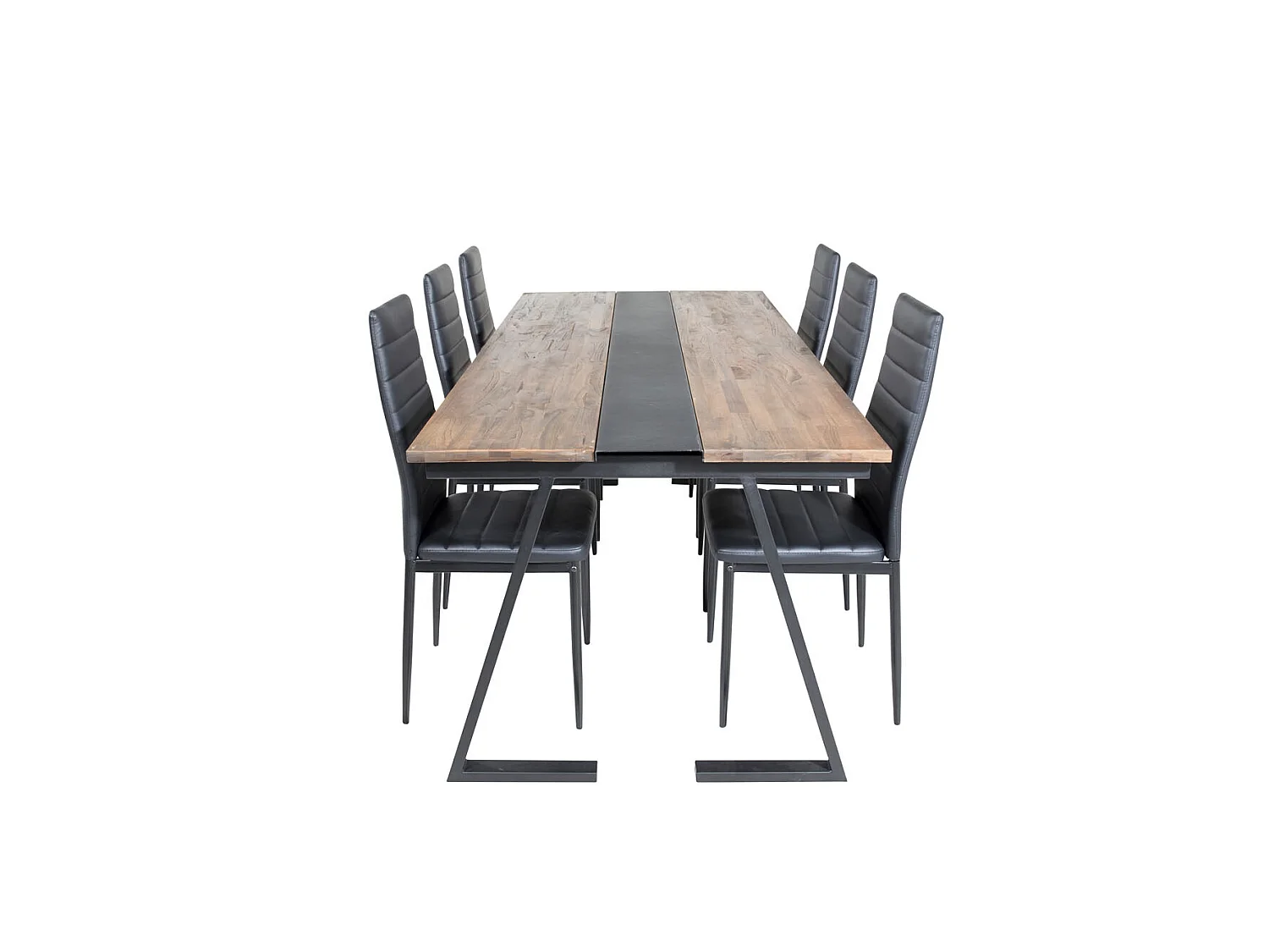Jakarta eethoek eetkamertafel teakhout en 6 Slim High Back eetkamerstal PU kunstleer zwart.