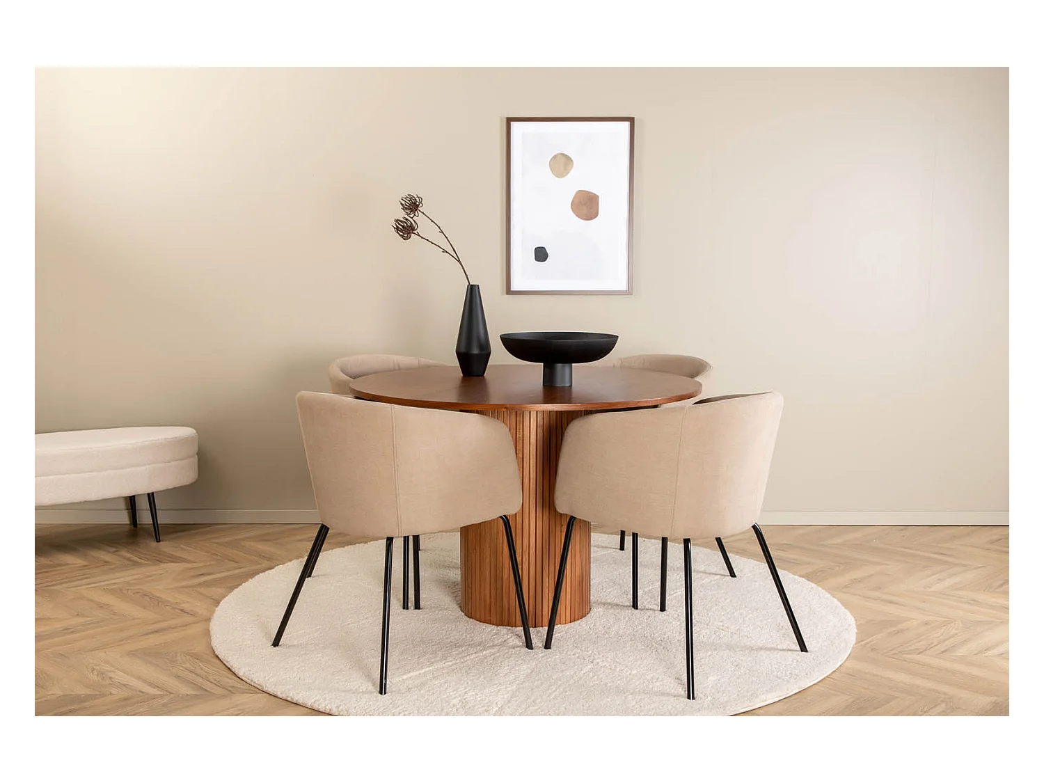 BiancaROWA Essgruppe Esstisch Eiche Furnier und 4 Berit Esszimmerstühle beige.