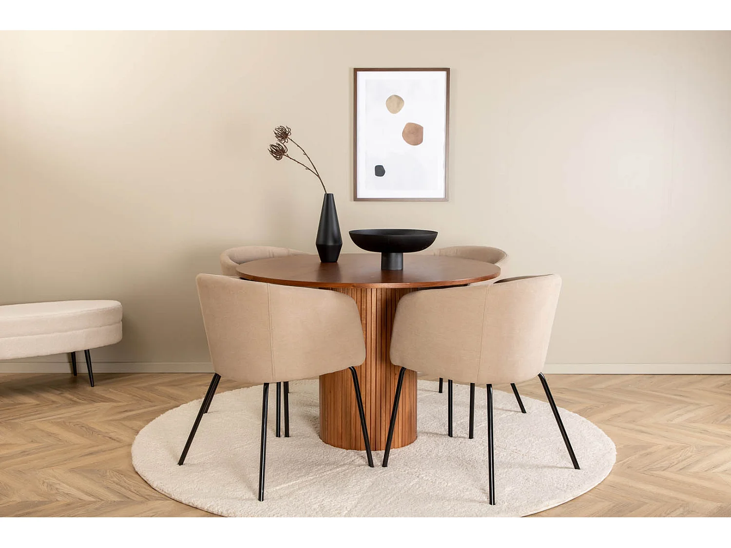 BiancaROWA Essgruppe Esstisch Eiche Furnier und 4 Berit Esszimmerstühle beige.