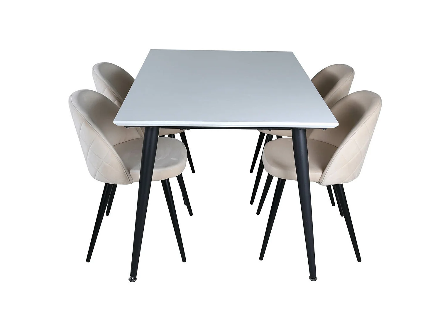 Jimmy150 eethoek eetkamertafel uitschuifbare tafel lengte cm 150 / 240 wit en 4 Velvet Stitches eetkamerstal velours beige.