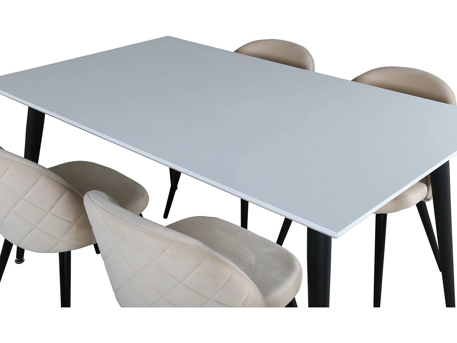 Jimmy150 eethoek eetkamertafel uitschuifbare tafel lengte cm 150 / 240 wit en 4 Velvet Stitches eetkamerstal velours beige.