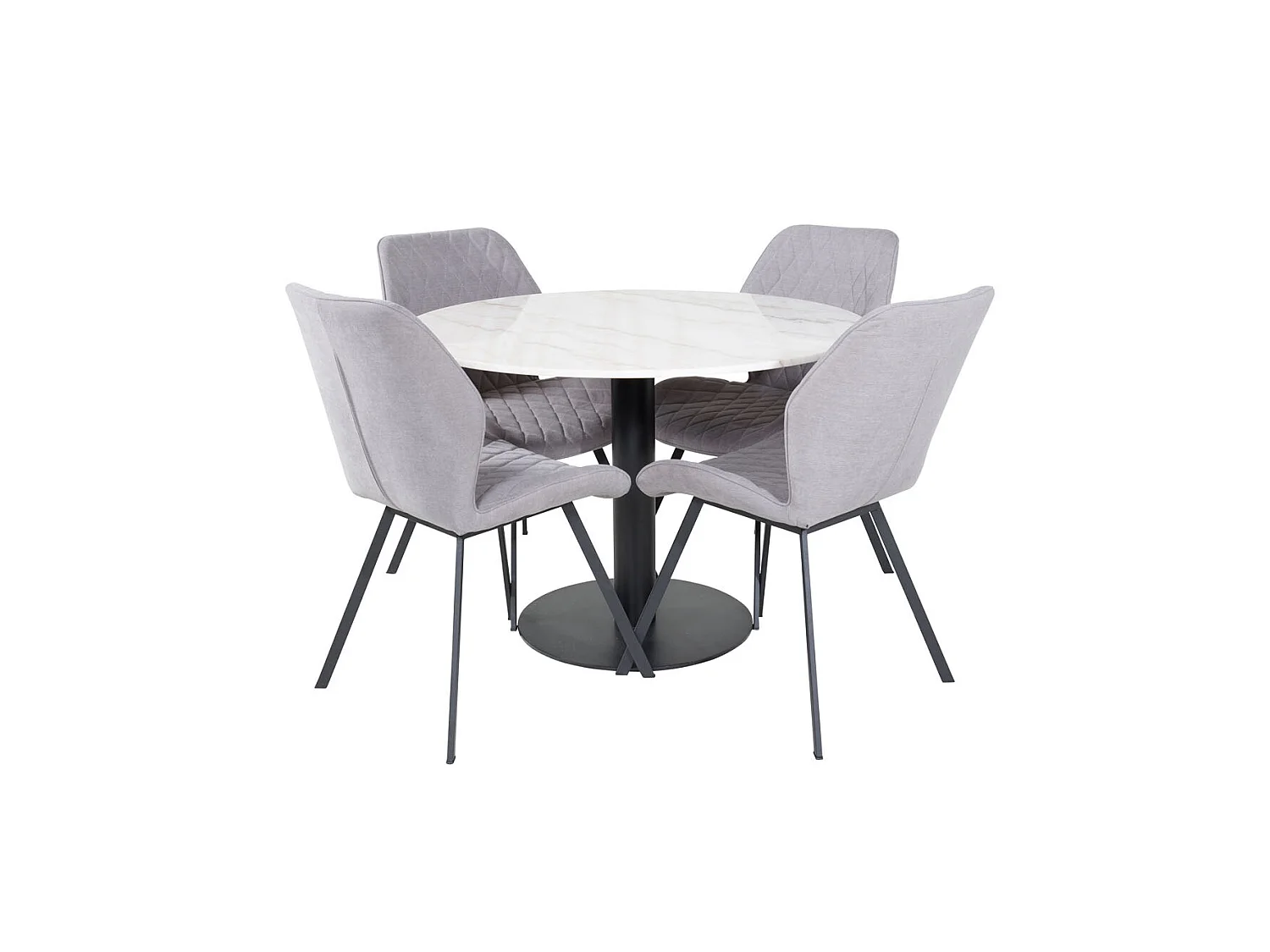 EstelleØ106WHBL eethoek eetkamertafel wit, marmer en 4 Gemma eetkamerstal grijs.