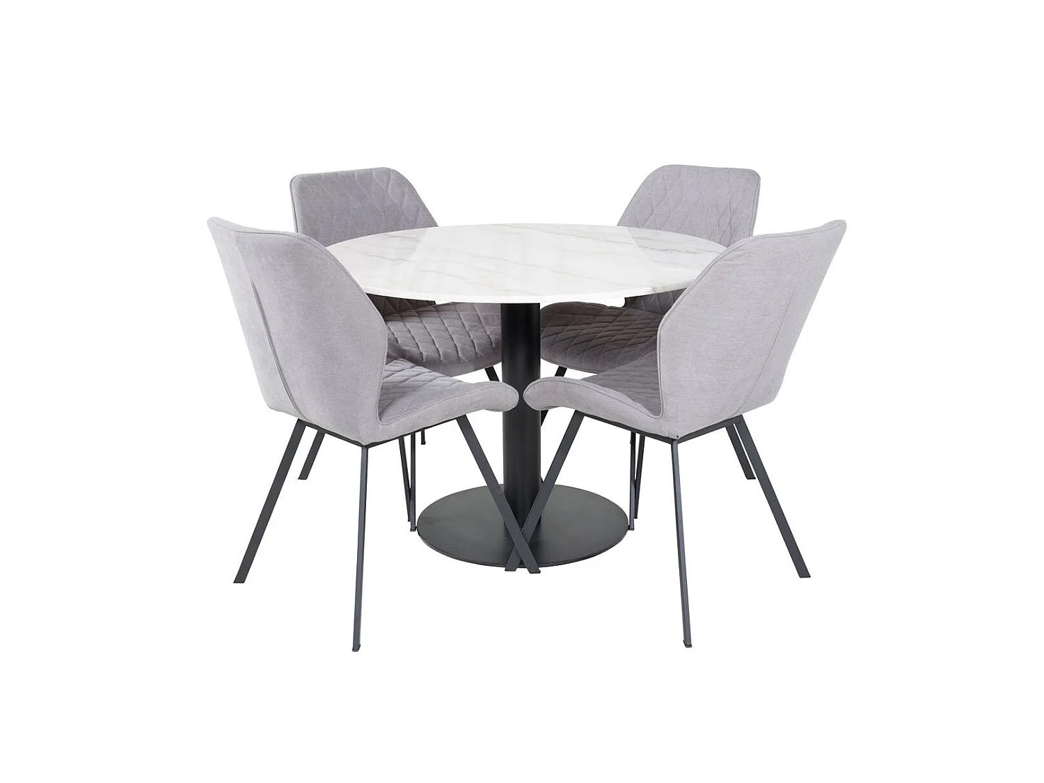 EstelleØ106WHBL eethoek eetkamertafel wit, marmer en 4 Gemma eetkamerstal grijs.