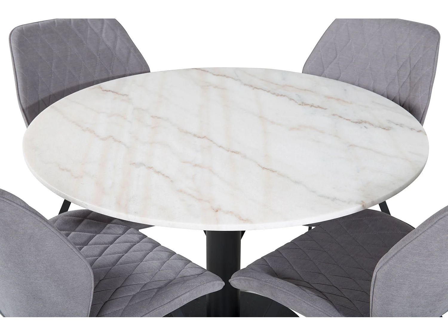 EstelleØ106WHBL eethoek eetkamertafel wit, marmer en 4 Gemma eetkamerstal grijs.