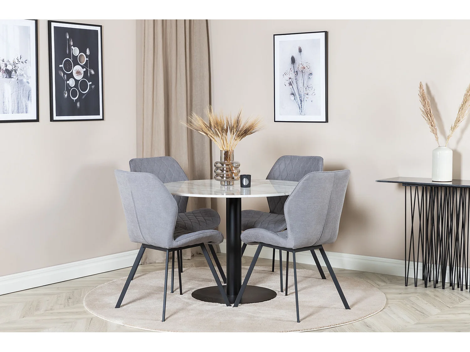 EstelleØ106WHBL eethoek eetkamertafel wit, marmer en 4 Gemma eetkamerstal grijs.