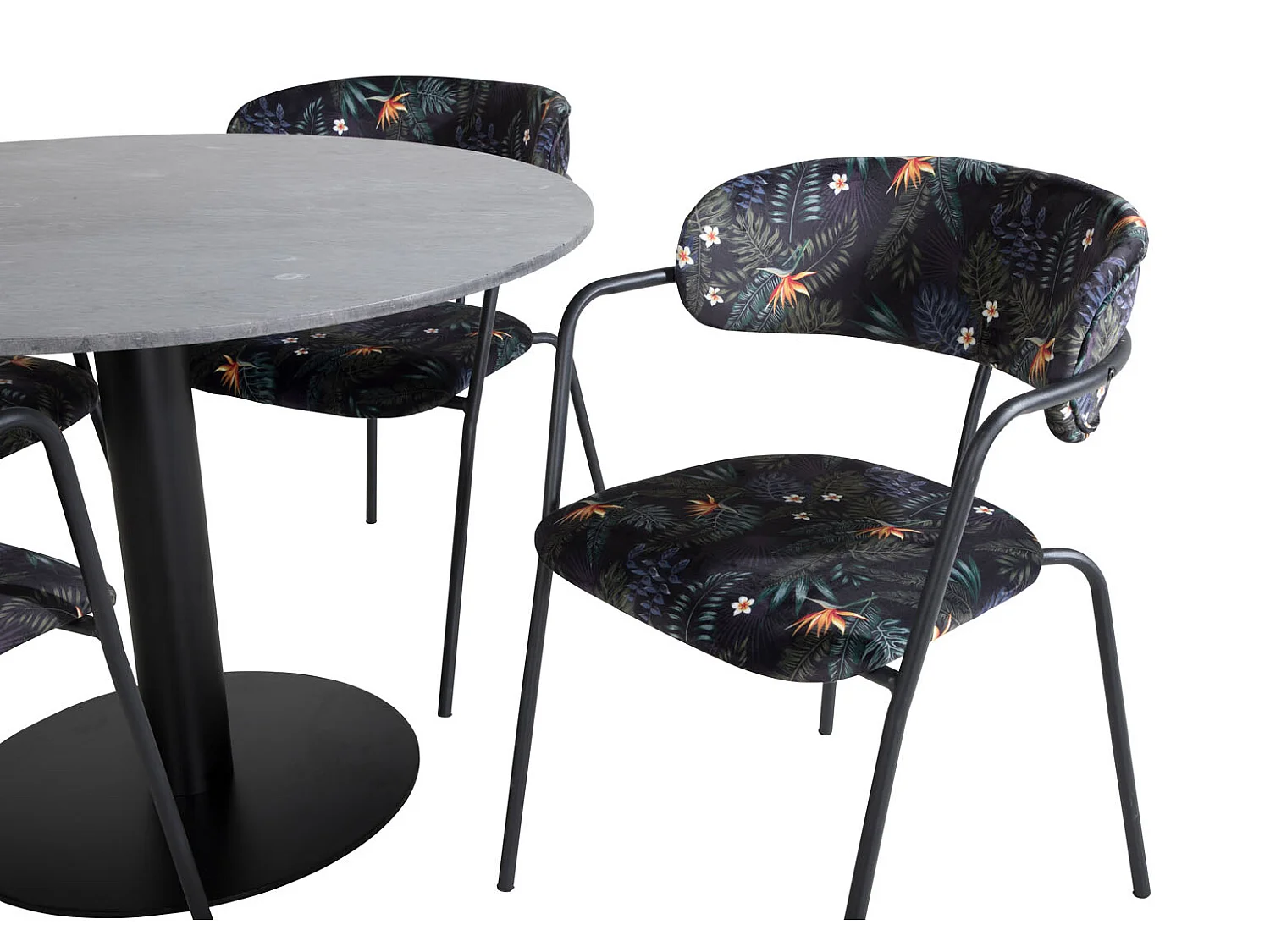 EstelleØ106BLBL ensemble table, table noir, marbre et 4 Arrow chaises noir.