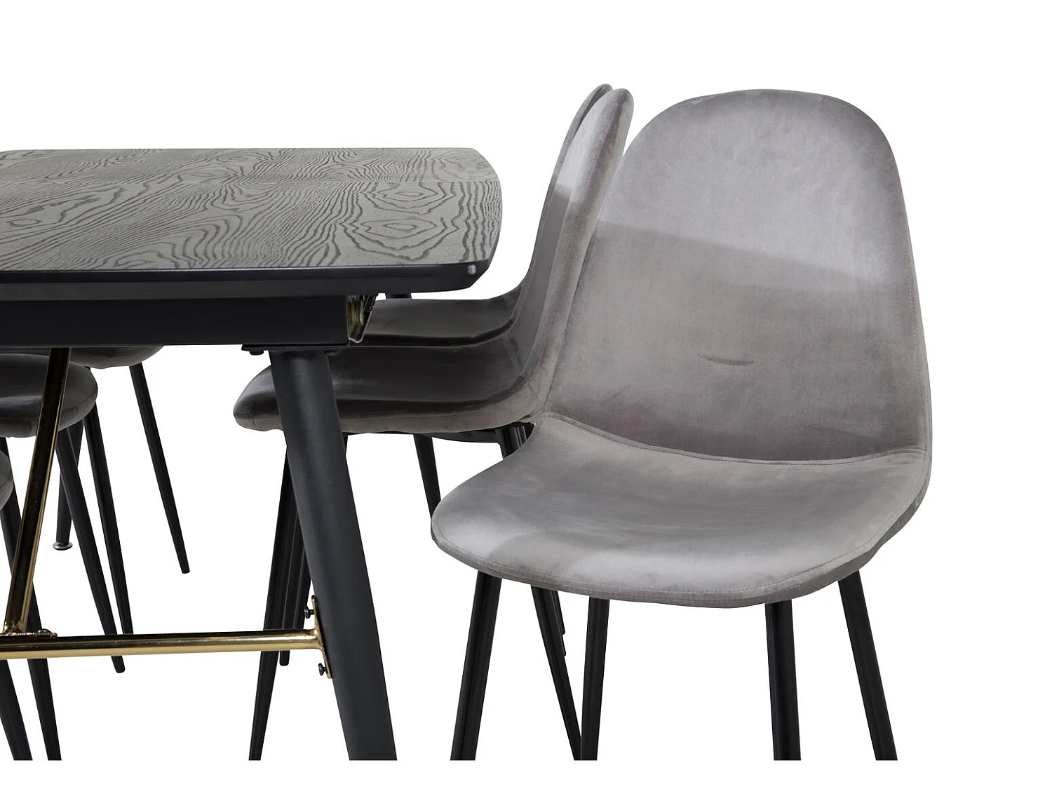 Gold eethoek eetkamertafel uitschuifbare tafel lengte cm 180 / 220 zwart en 6 Polar eetkamerstal velours grijs.