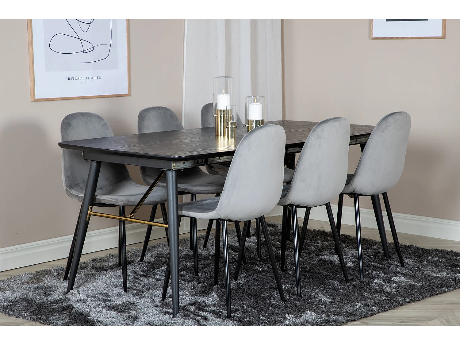 Gold eethoek eetkamertafel uitschuifbare tafel lengte cm 180 / 220 zwart en 6 Polar eetkamerstal velours grijs.