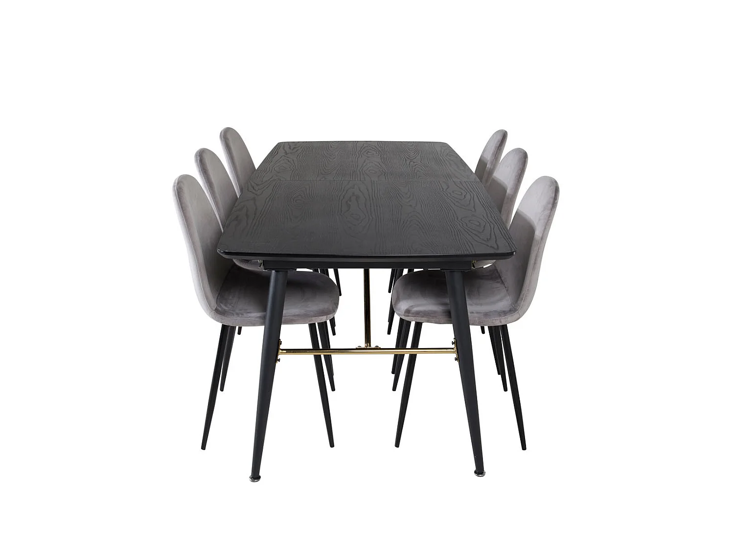 Gold eethoek eetkamertafel uitschuifbare tafel lengte cm 180 / 220 zwart en 6 Polar eetkamerstal velours grijs.