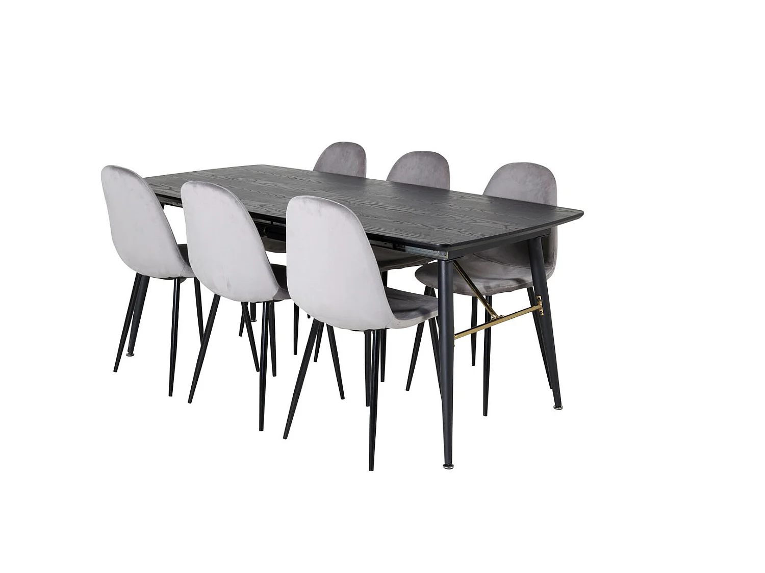 Gold eethoek eetkamertafel uitschuifbare tafel lengte cm 180 / 220 zwart en 6 Polar eetkamerstal velours grijs.