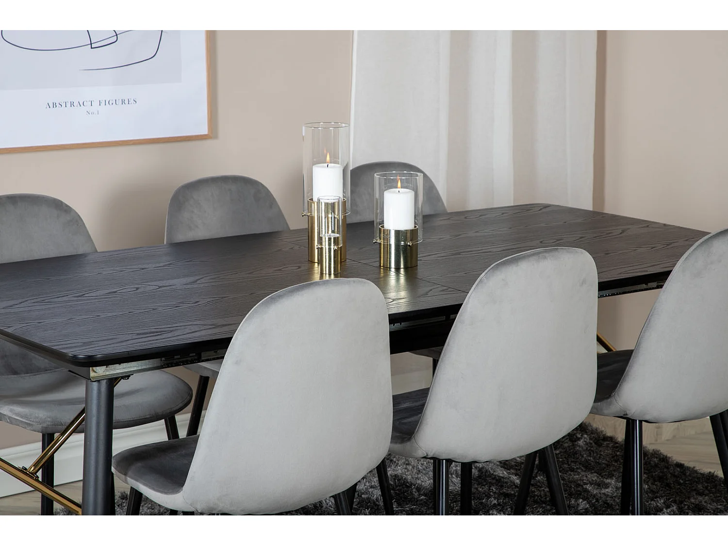 Gold eethoek eetkamertafel uitschuifbare tafel lengte cm 180 / 220 zwart en 6 Polar eetkamerstal velours grijs.