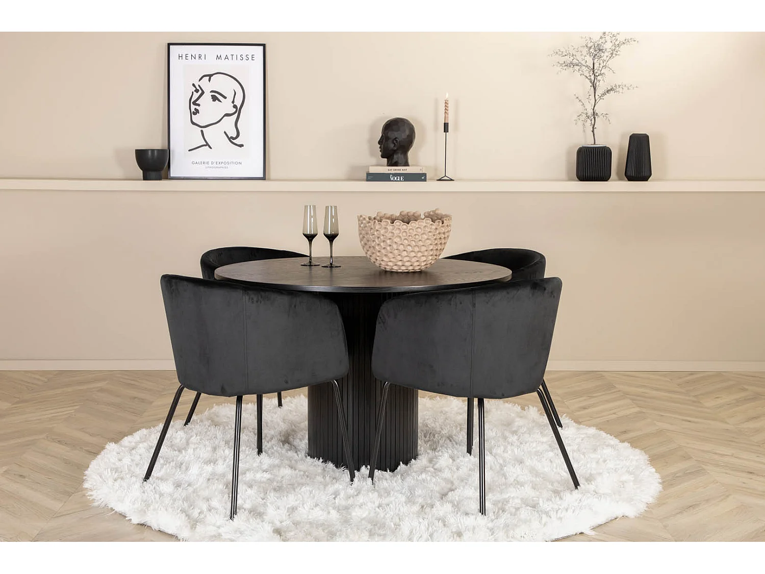 BiancaROBL ensemble table, table noir et 4 Berit chaises Velours noir.