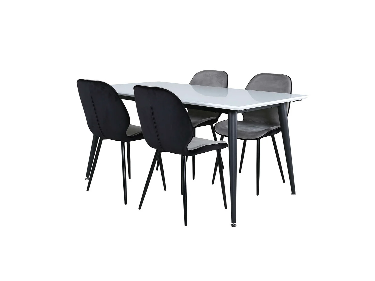 Jimmy150 eethoek eetkamertafel uitschuifbare tafel lengte cm 150 / 240 wit en 4 Emma eetkamerstal velours grijs,zwart.