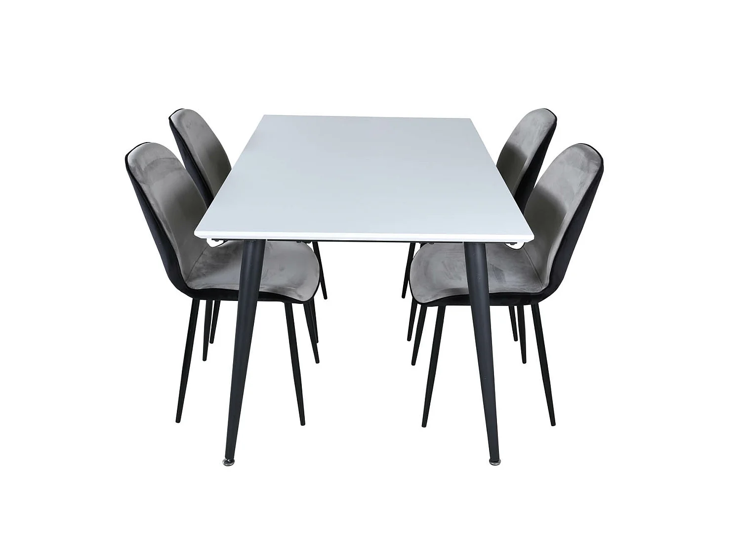 Jimmy150 eethoek eetkamertafel uitschuifbare tafel lengte cm 150 / 240 wit en 4 Emma eetkamerstal velours grijs,zwart.