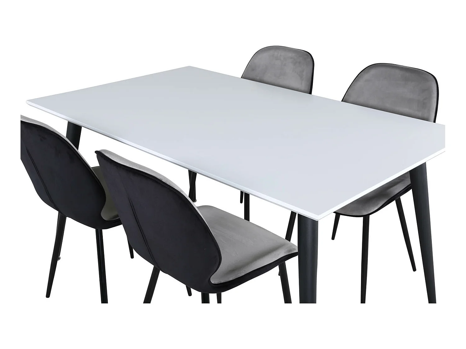 Jimmy150 eethoek eetkamertafel uitschuifbare tafel lengte cm 150 / 240 wit en 4 Emma eetkamerstal velours grijs,zwart.