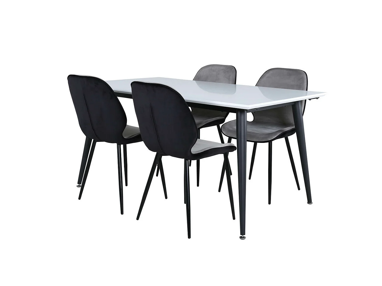 Jimmy150 eethoek eetkamertafel uitschuifbare tafel lengte cm 150 / 240 wit en 4 Emma eetkamerstal velours grijs,zwart.