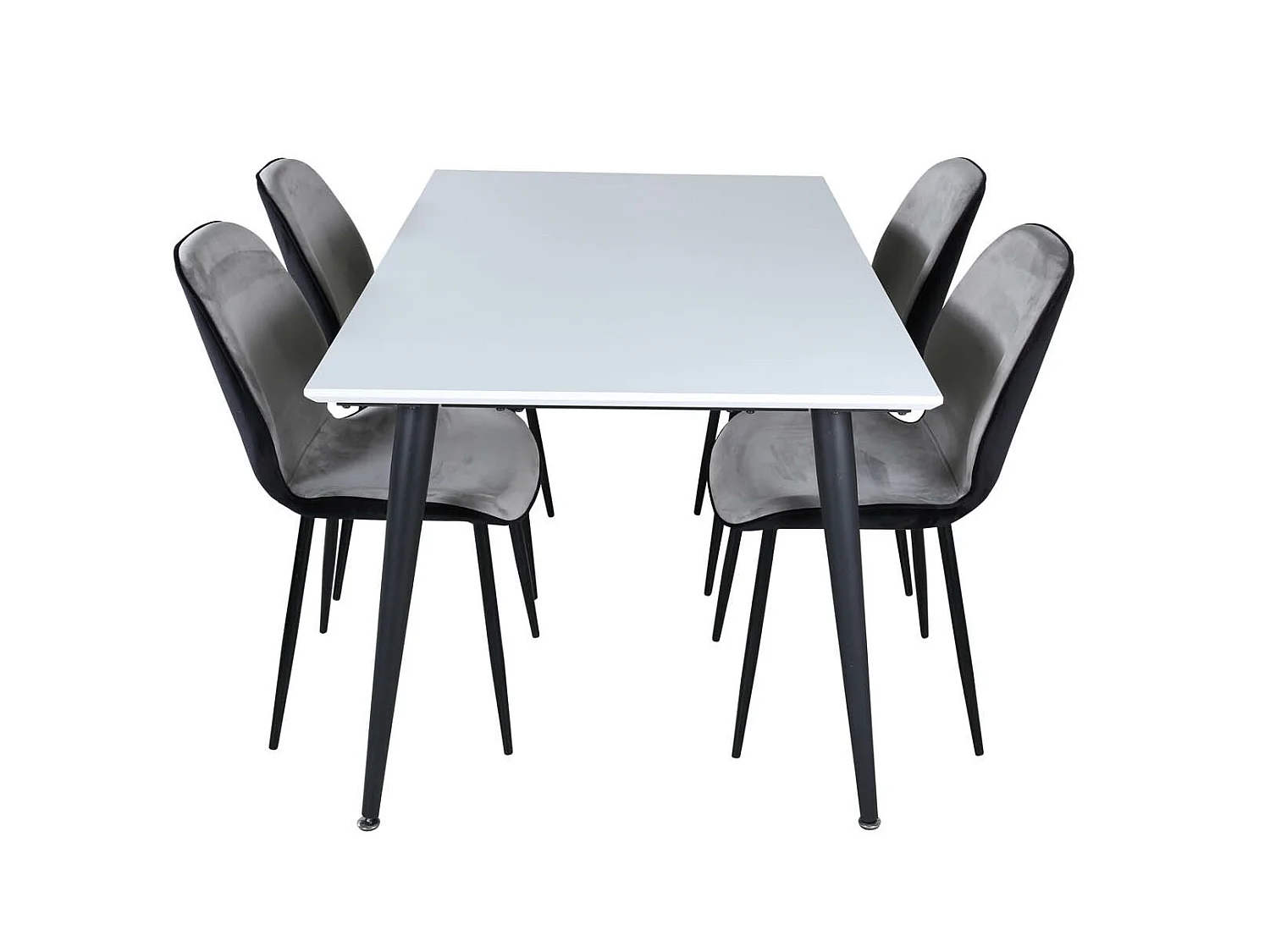 Jimmy150 eethoek eetkamertafel uitschuifbare tafel lengte cm 150 / 240 wit en 4 Emma eetkamerstal velours grijs,zwart.