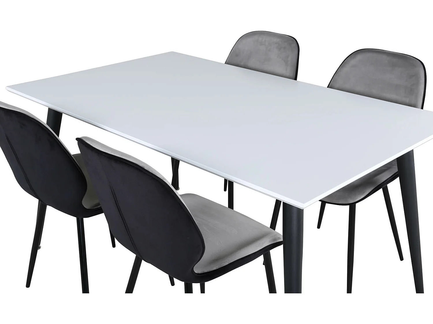 Jimmy150 eethoek eetkamertafel uitschuifbare tafel lengte cm 150 / 240 wit en 4 Emma eetkamerstal velours grijs,zwart.