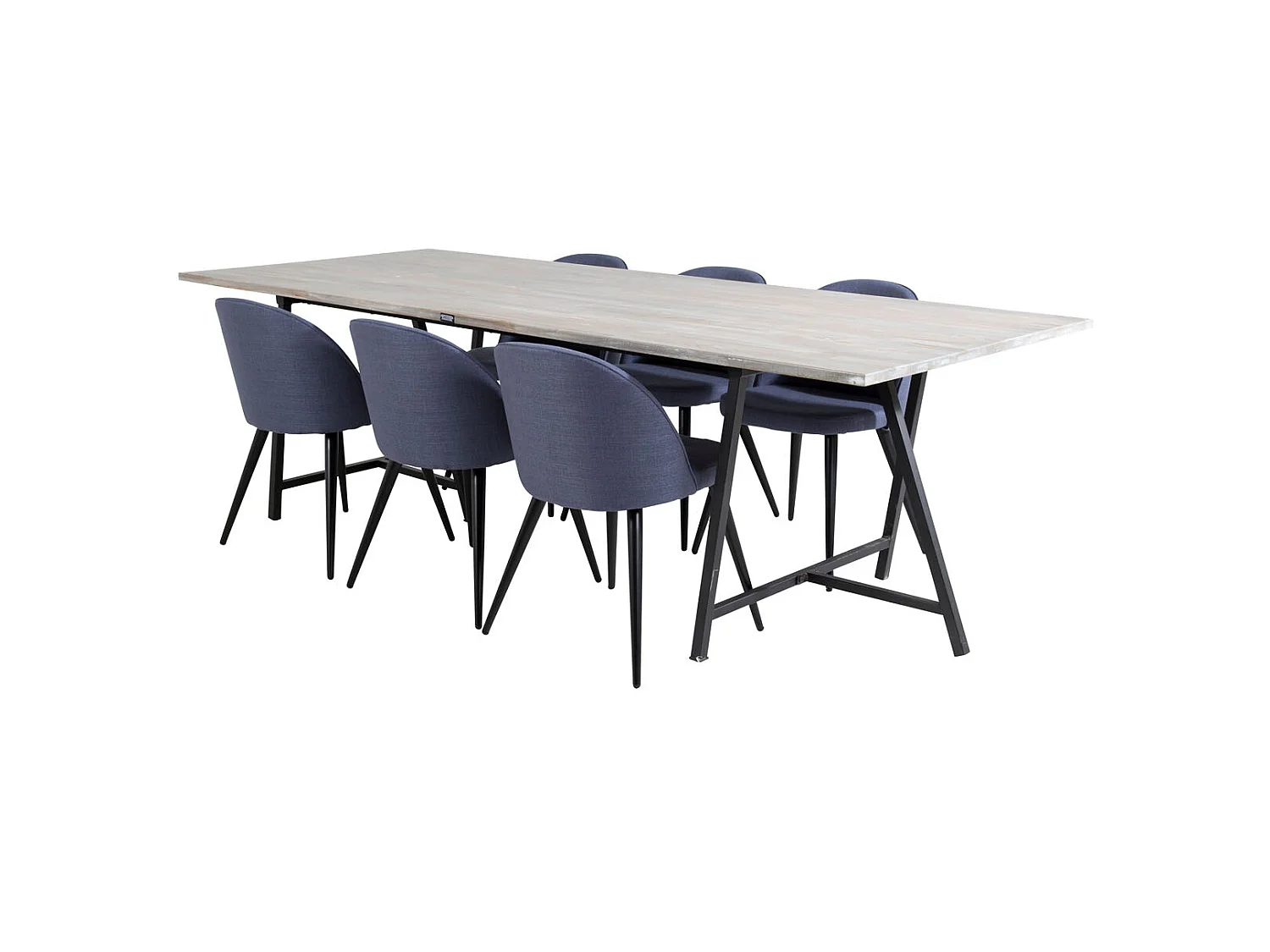 Jepara ensemble table, table teck et 6 Velvet chaises bleu.