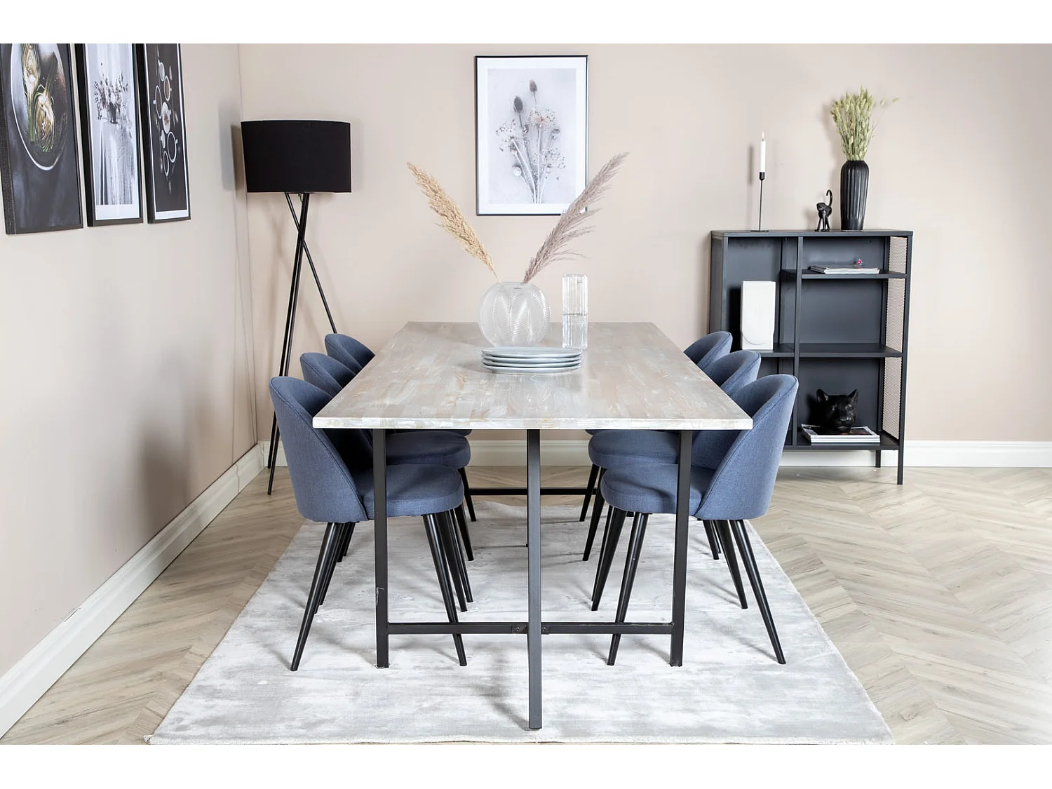 Jepara ensemble table, table teck et 6 Velvet chaises bleu.