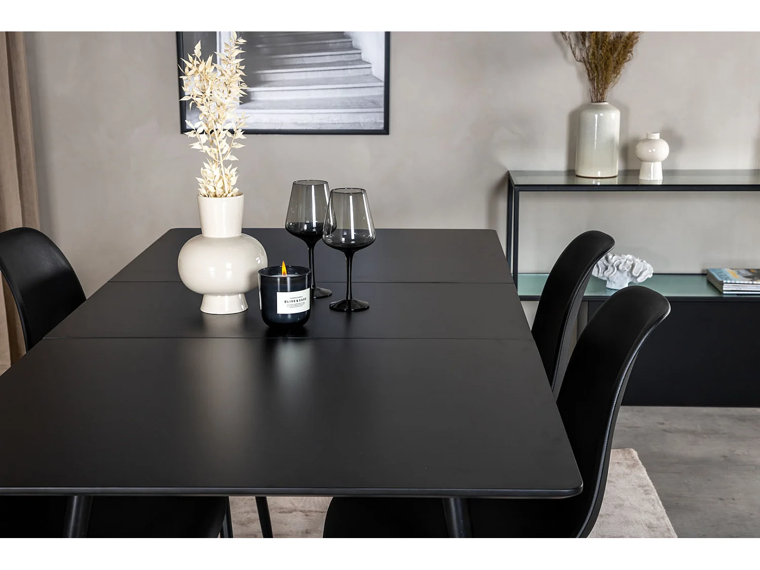 SilarBLExt ensemble table, table extensible longueur cm120 / 160 noir et 4 Polar chaises noir.