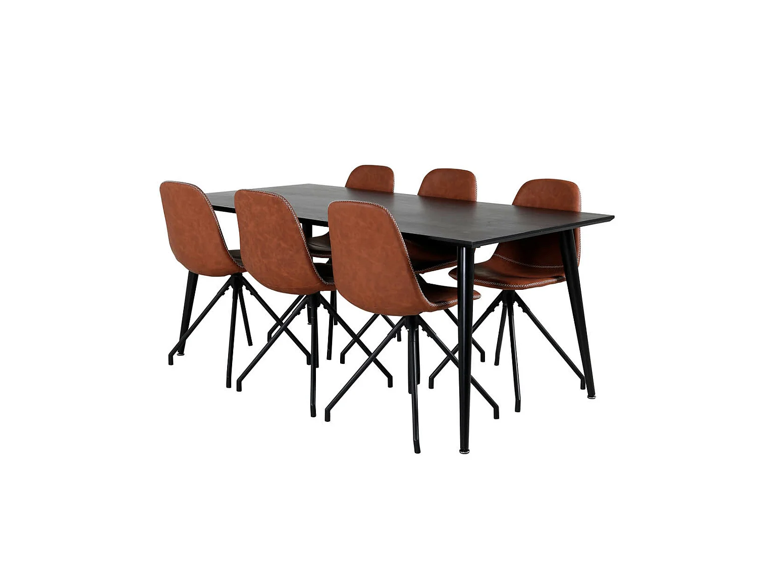 Dipp180x90BLBL eethoek eetkamertafel zwart en 6 Polar eetkamerstal PU kunstleer bruin.