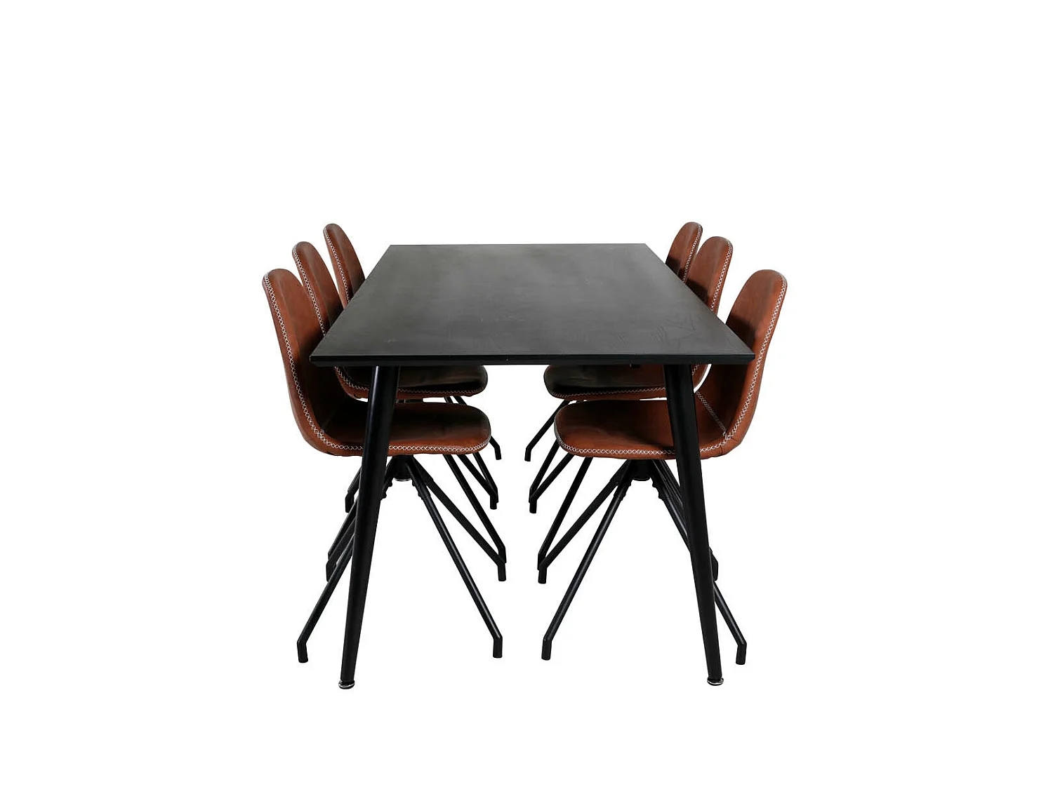 Dipp180x90BLBL eethoek eetkamertafel zwart en 6 Polar eetkamerstal PU kunstleer bruin.
