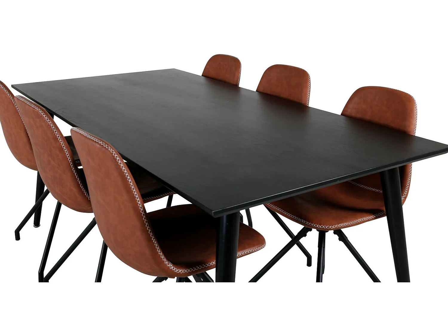 Dipp180x90BLBL eethoek eetkamertafel zwart en 6 Polar eetkamerstal PU kunstleer bruin.