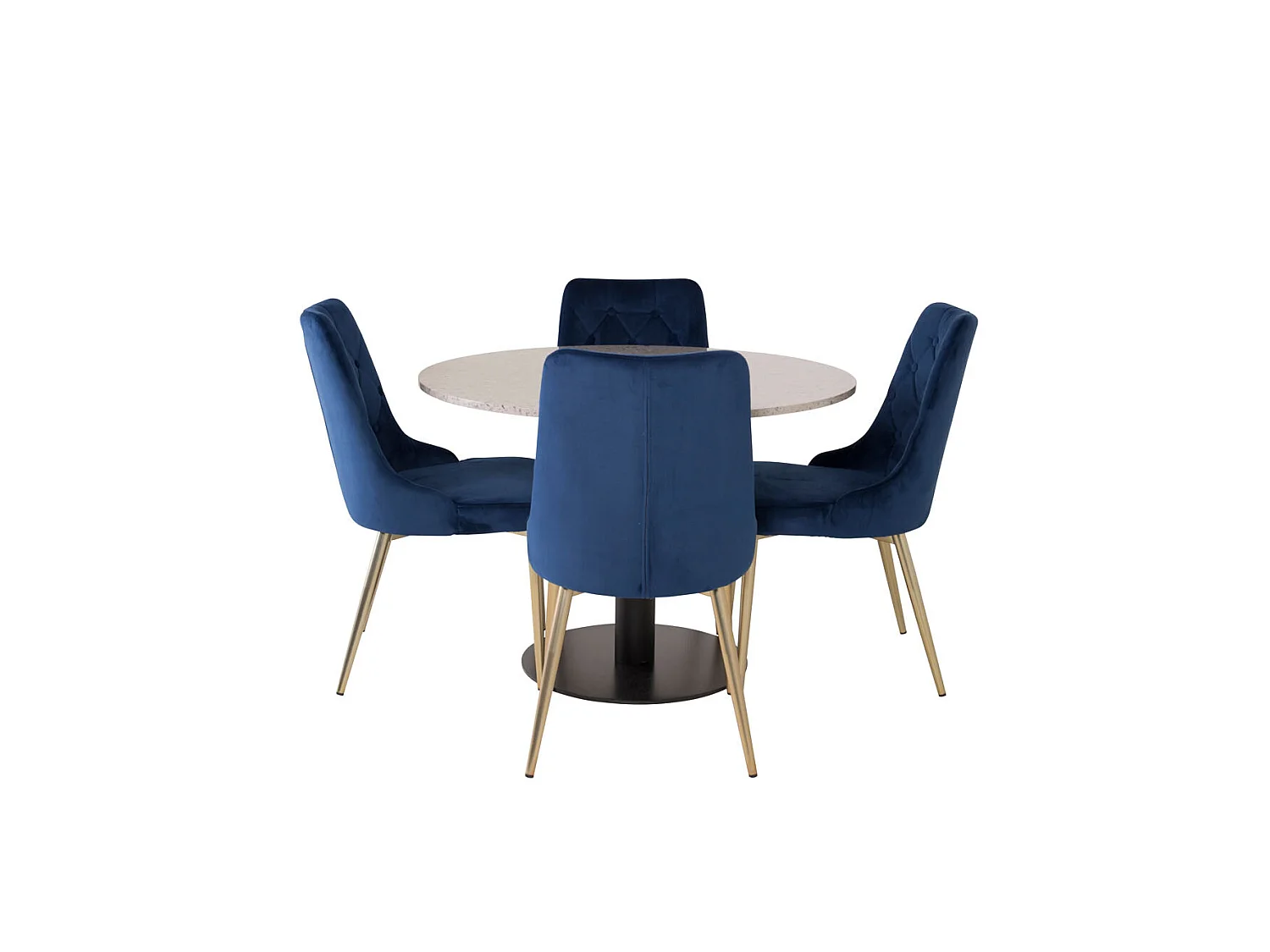 RazziaGR ensemble table, table terrazzo gris et 4 Velvet Deluxe chaises Velours bleu, laiton décor.