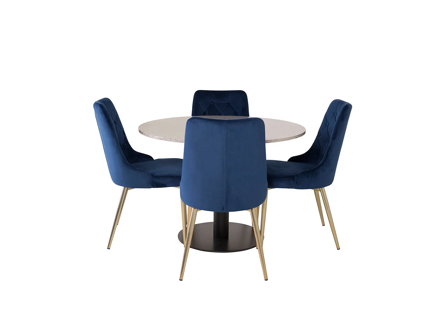 RazziaGR ensemble table, table terrazzo gris et 4 Velvet Deluxe chaises Velours bleu, laiton décor.