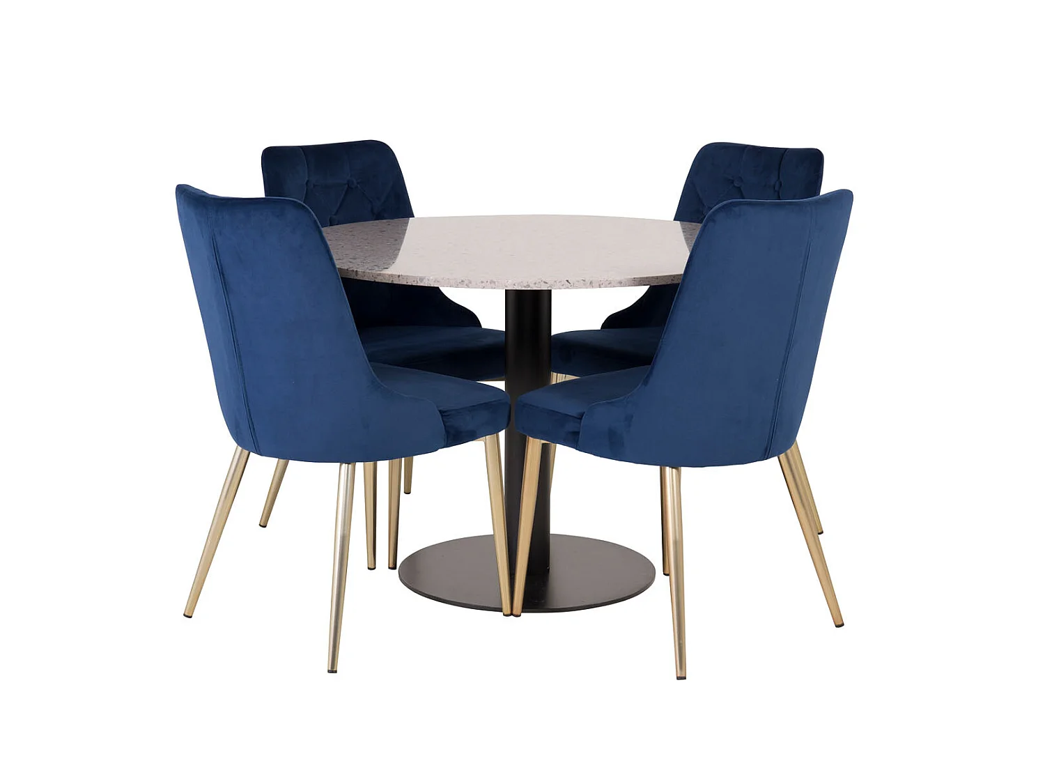 RazziaGR ensemble table, table terrazzo gris et 4 Velvet Deluxe chaises Velours bleu, laiton décor.