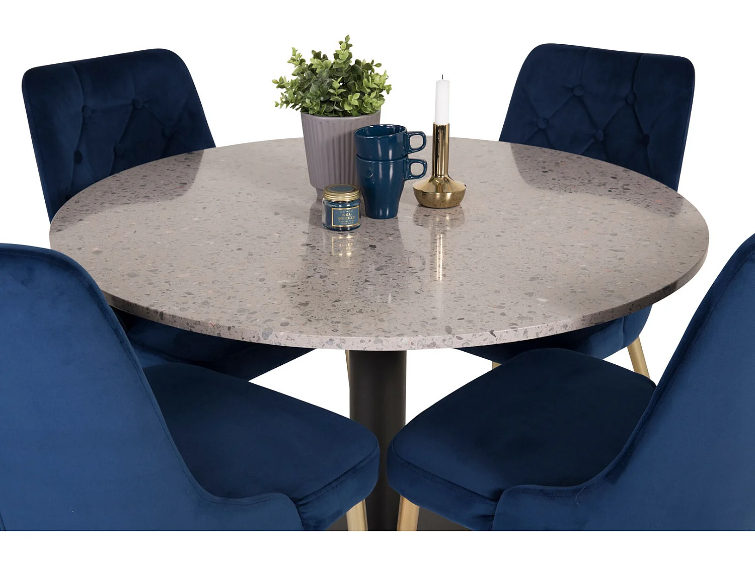 RazziaGR ensemble table, table terrazzo gris et 4 Velvet Deluxe chaises Velours bleu, laiton décor.